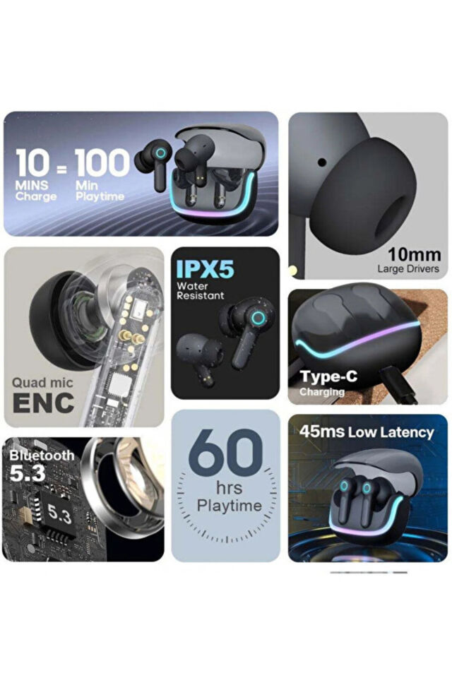 ENC Gürültü Engellemeli Pro Bluetooth Kulaklık 4 Mikrofon, İos Android Uyumlu, BT 5.3 Premium Bass RGB Işıklı