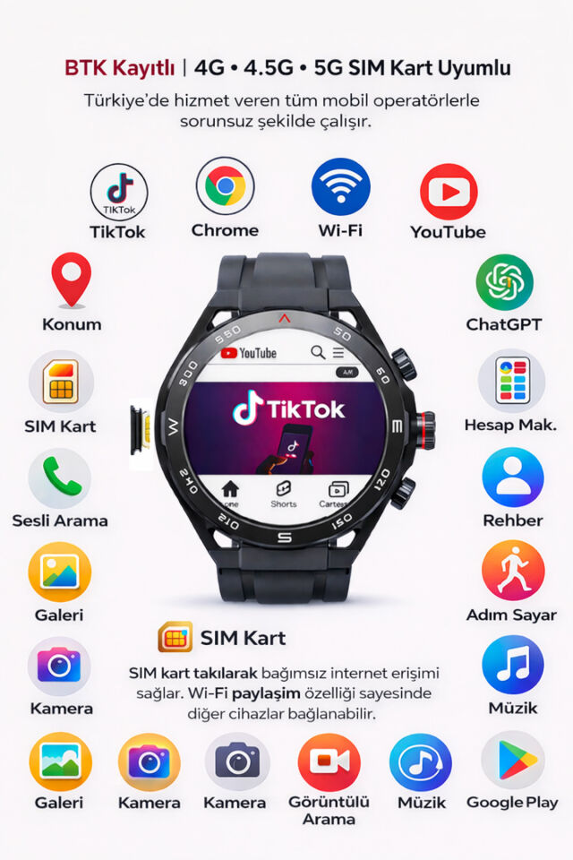 Sim Kartlı BTK Kayıtlı Android Akıllı Saat Wi-Fi Paylaşma Sosyal Medya, Oyun, GPS Android İşletim Sistemi Akıllı Saat