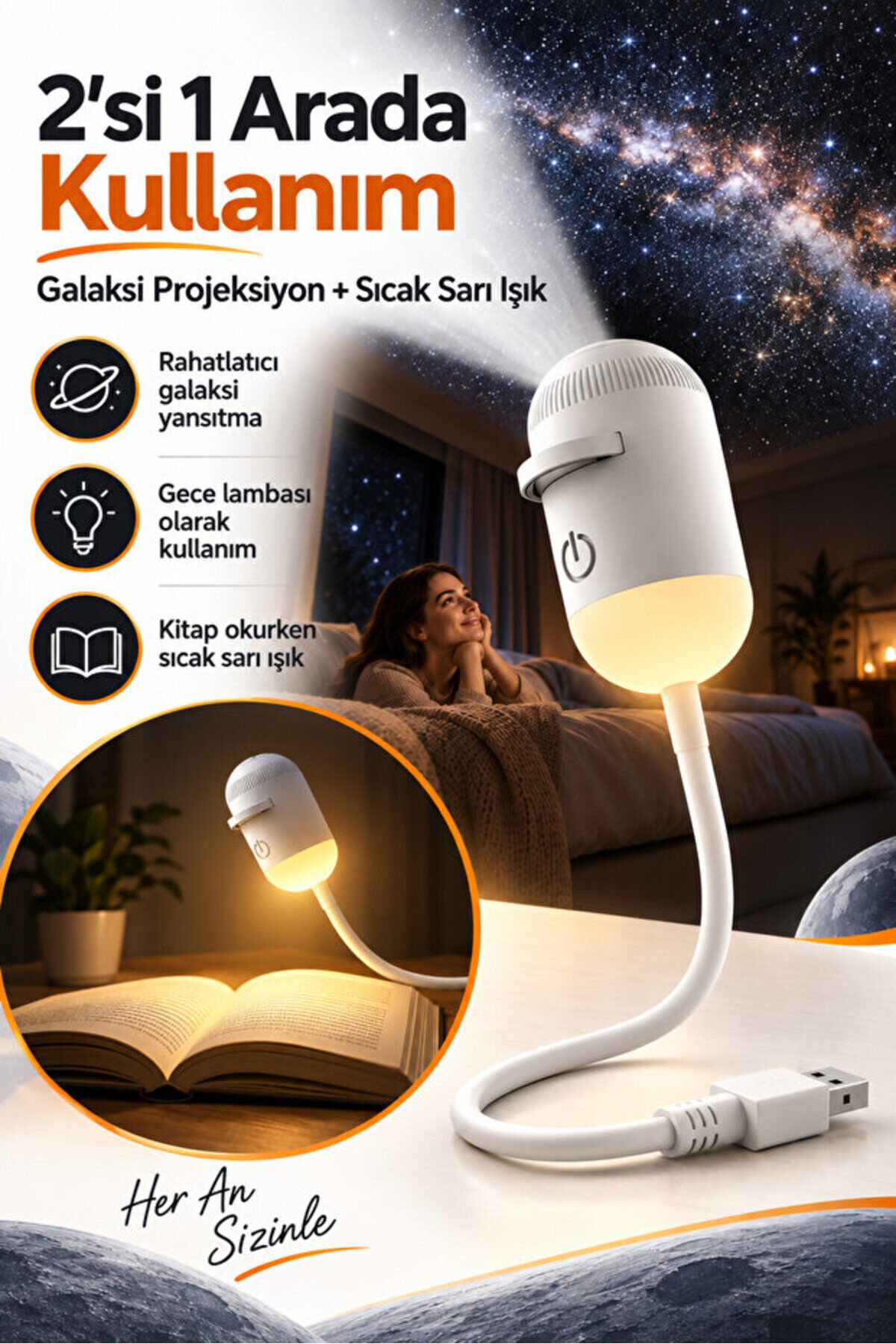 USB Galaksi Projektör 2’si 1 Arada – LED Gece Lambası – 360° Ayarlanabilir 8 Disk Değiştirilebilir Filmli LED Projektör