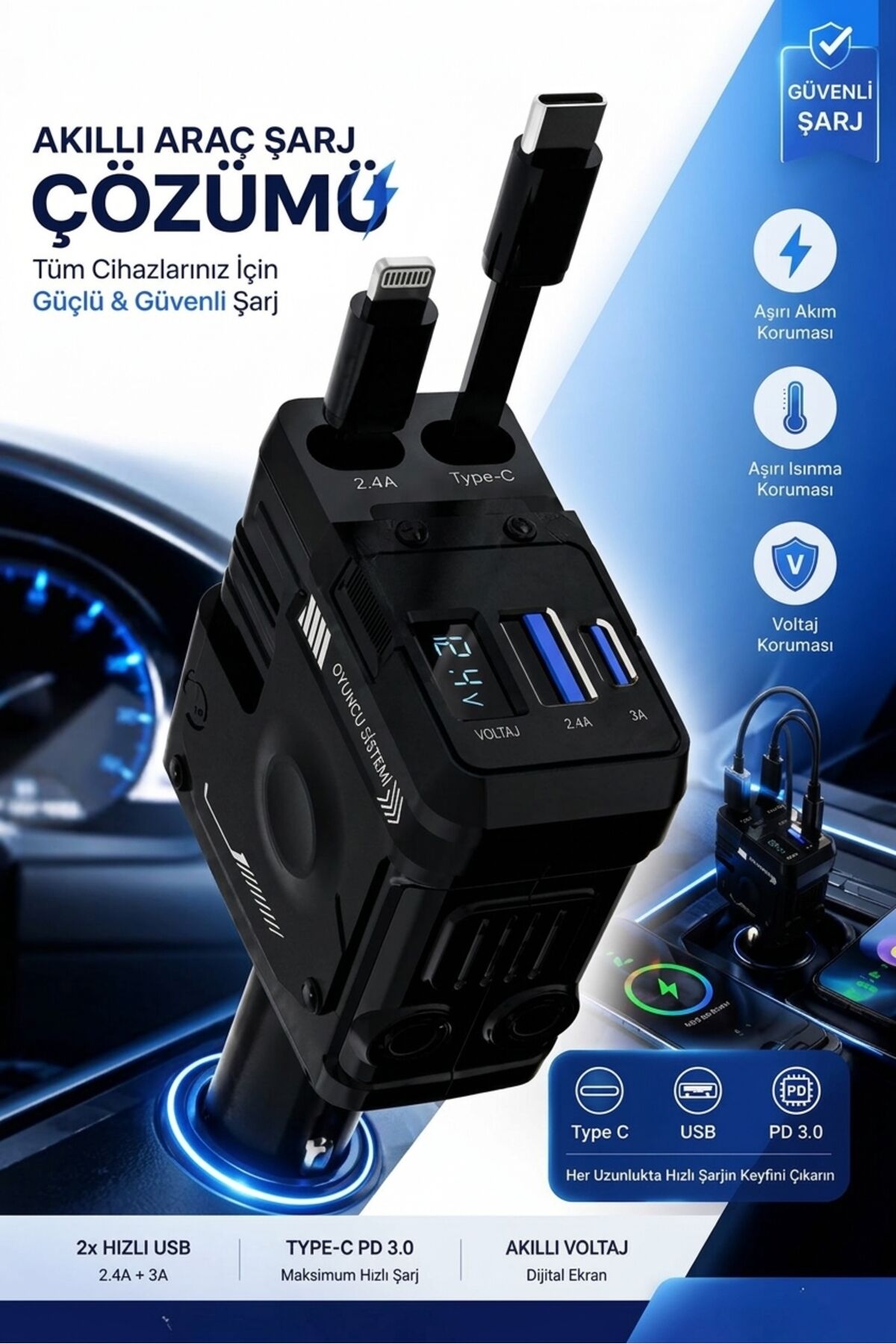 70W Çakmaklık Girişli Şarj Cihazı | Araç Şarj Cihazı | 3 USB + Type-C PD 3.0 | Lightning + Type-C Kablolu | Hızlı Şarj