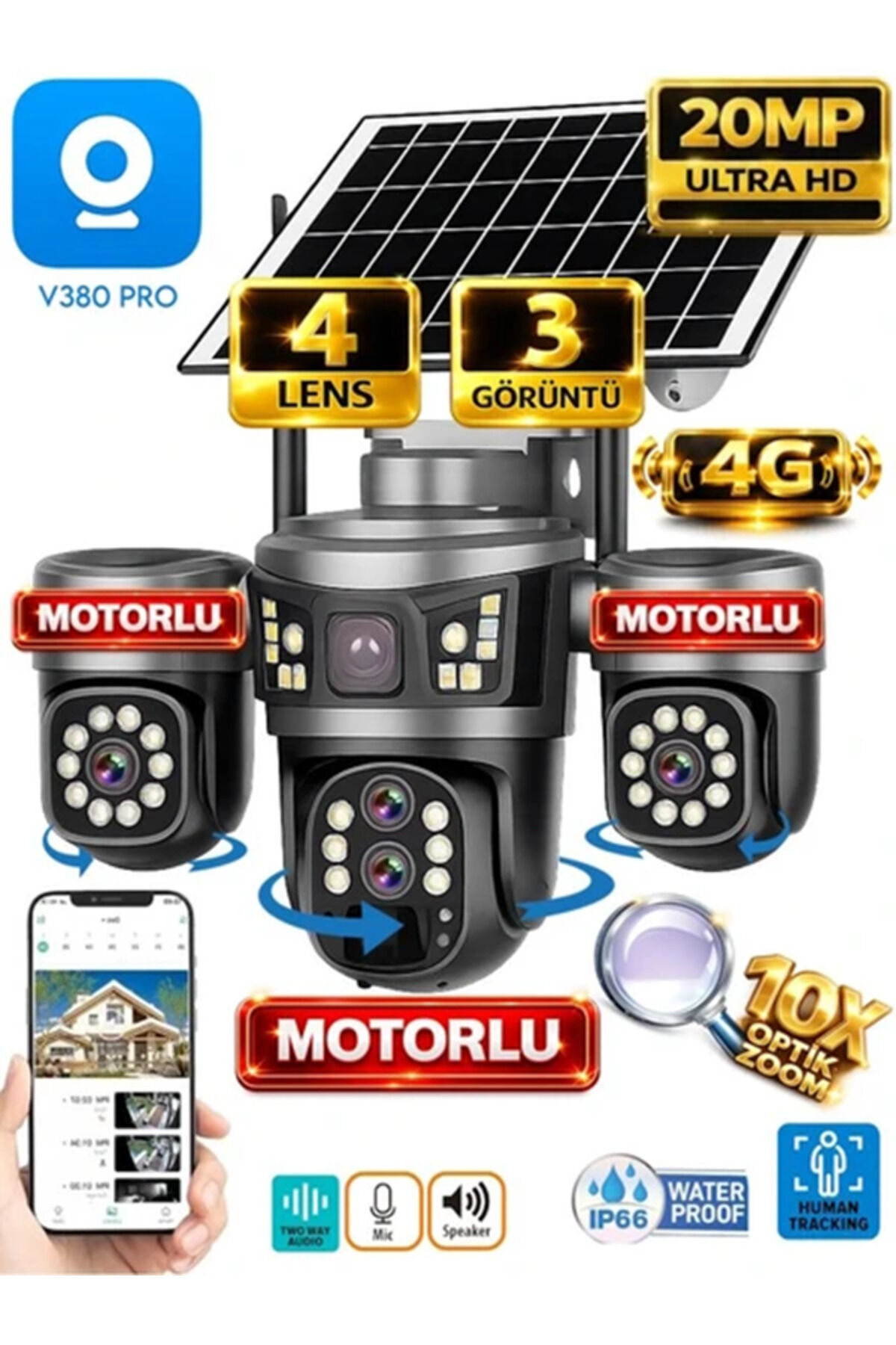 4 Kameralı Solar Güvenlik Kamerası 4G Sim Kartlı PTZ Hareketli Gece Görüşlü Güneş Panelli Kamera