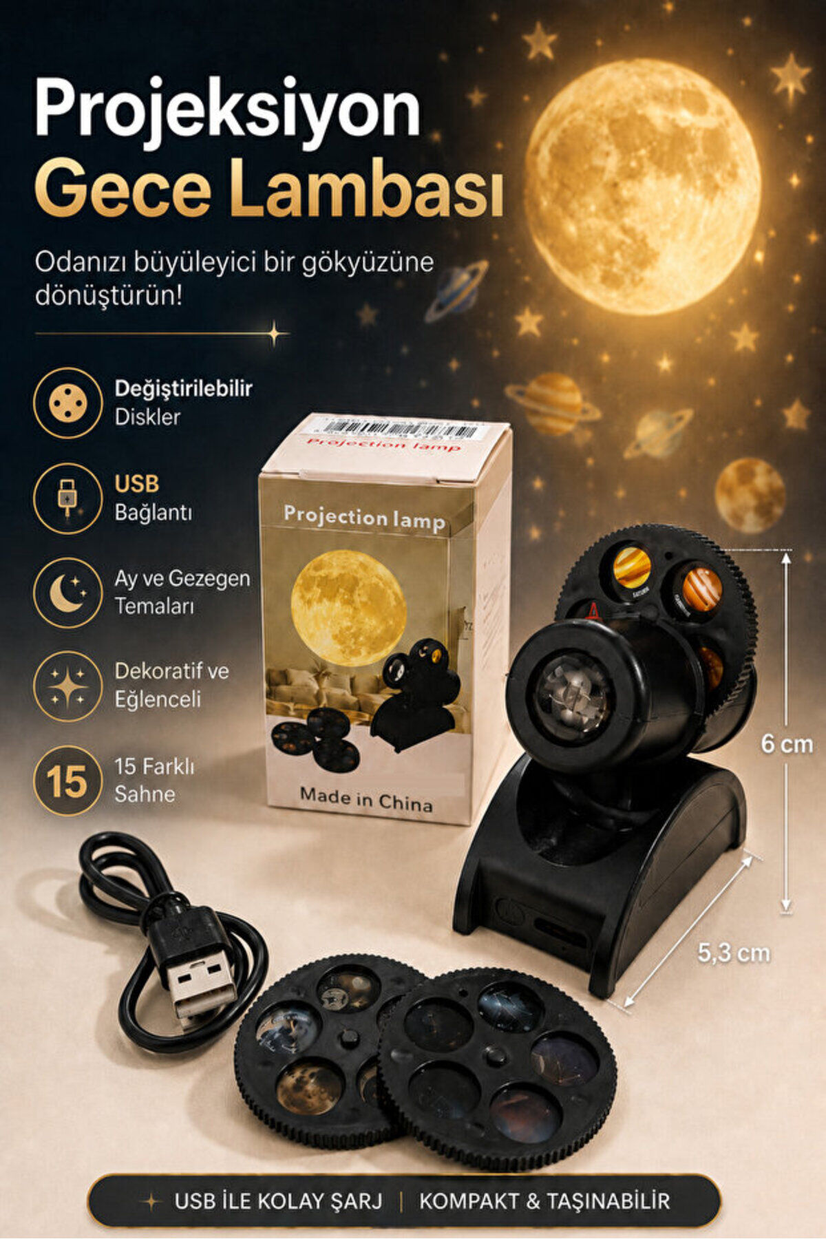 Yıldızlı Gece Lambası 15 Farklı Sahne Projeksiyon Led Lamba USB Şarjlı Ay ve Gezegen Projektörü
