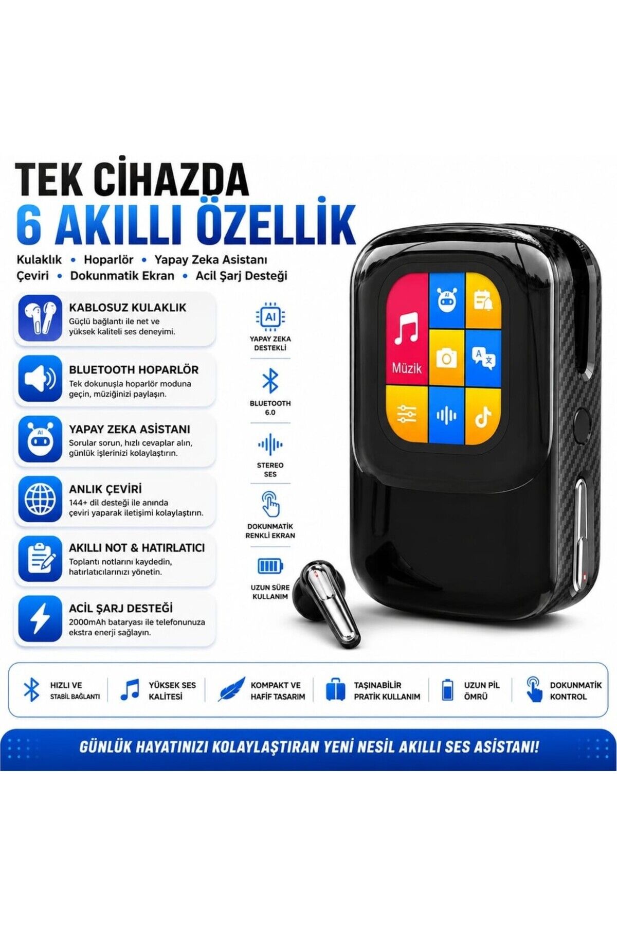 Talkie One Aı Large Model Akıllı Kulaklık ve Dokunmatik Ekranlı Şarj Kutusu – Çeviri, Hoparlör, Sesli Asistan, Bluetooth 6.0
