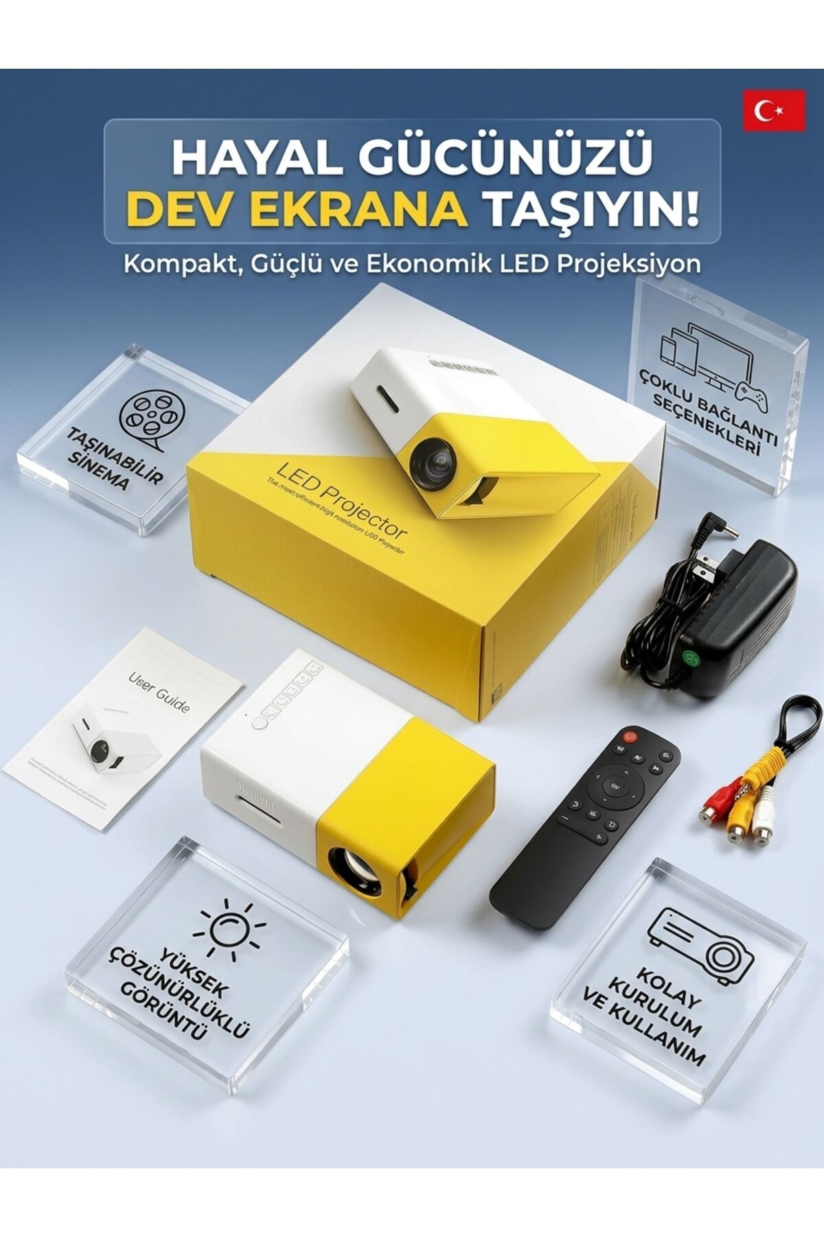 Taşınabilir Mini LED Projeksiyon Cihazı – Ev Sinema Sistemi, Çoklu Bağlantı (HDMI/USB/AV) ve Kumandalı Taşınabilir Projektör