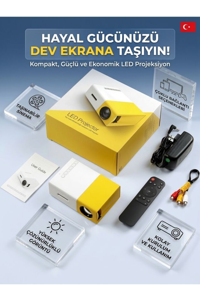 Taşınabilir Mini LED Projeksiyon Cihazı – Ev Sinema Sistemi, Çoklu Bağlantı (HDMI/USB/AV) ve Kumandalı Taşınabilir Projektör