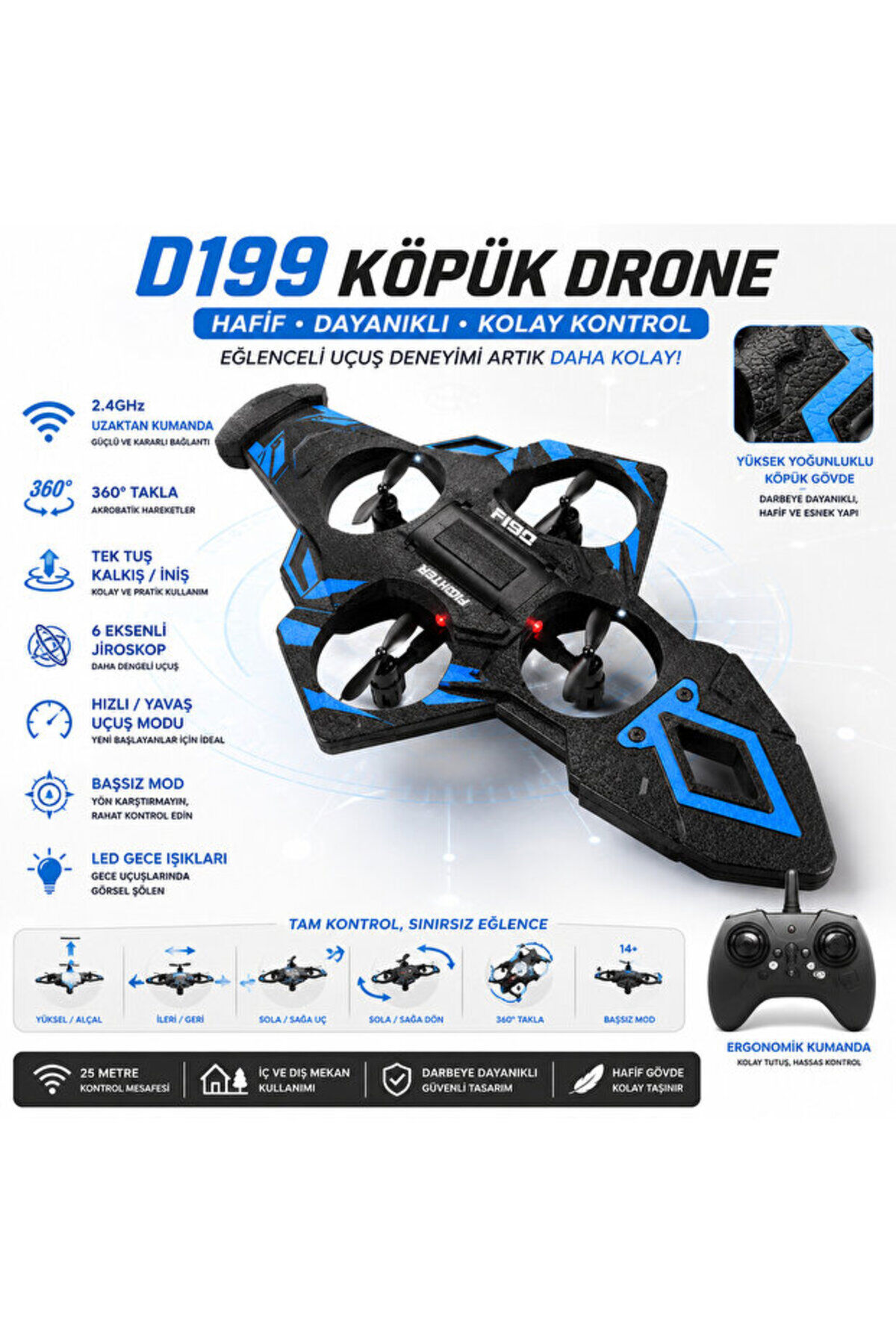 D199 Uzaktan Kumandalı Uçak, Dayanıklı Köpük Gövde, 2.4 GHz, 360° Dönebilen (2 Bataryalı)