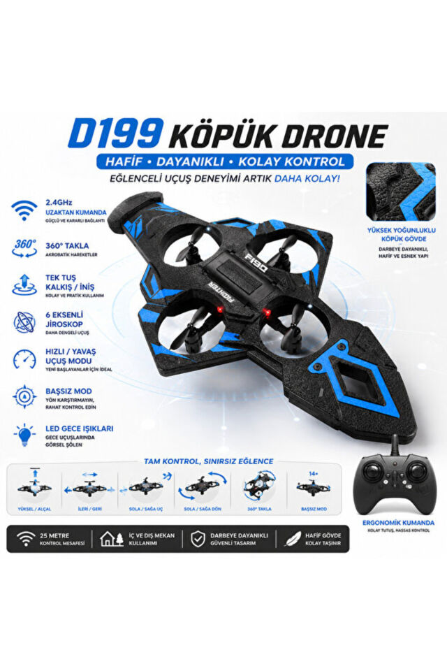 D199 Uzaktan Kumandalı Uçak, Dayanıklı Köpük Gövde, 2.4 GHz, 360° Dönebilen (2 Bataryalı)