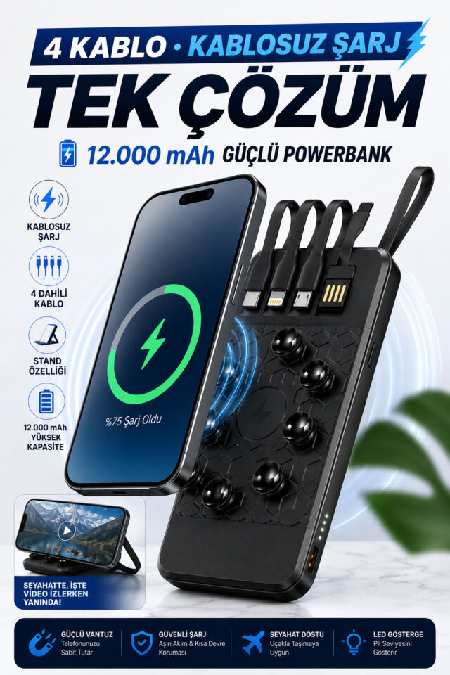 Powerbank 12.000 mah Wireless Standlı Magsafe li Vantuzlu Dahili Çoklu Kablo 4in1 Kablolu ve Kablosuz