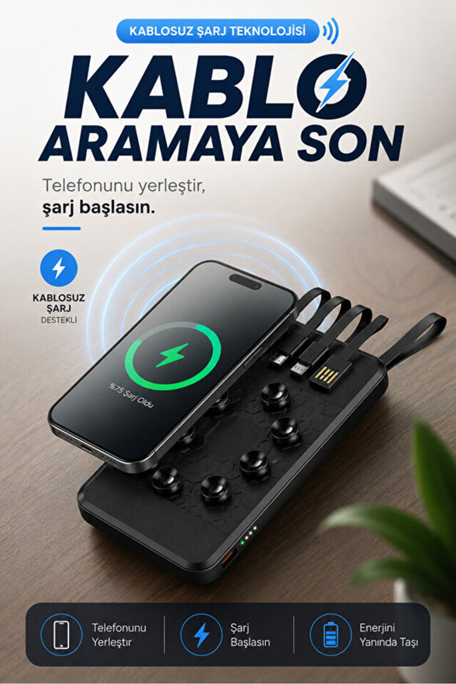 Powerbank 12.000 mah Wireless Standlı Magsafe li Vantuzlu Dahili Çoklu Kablo 4in1 Kablolu ve Kablosuz