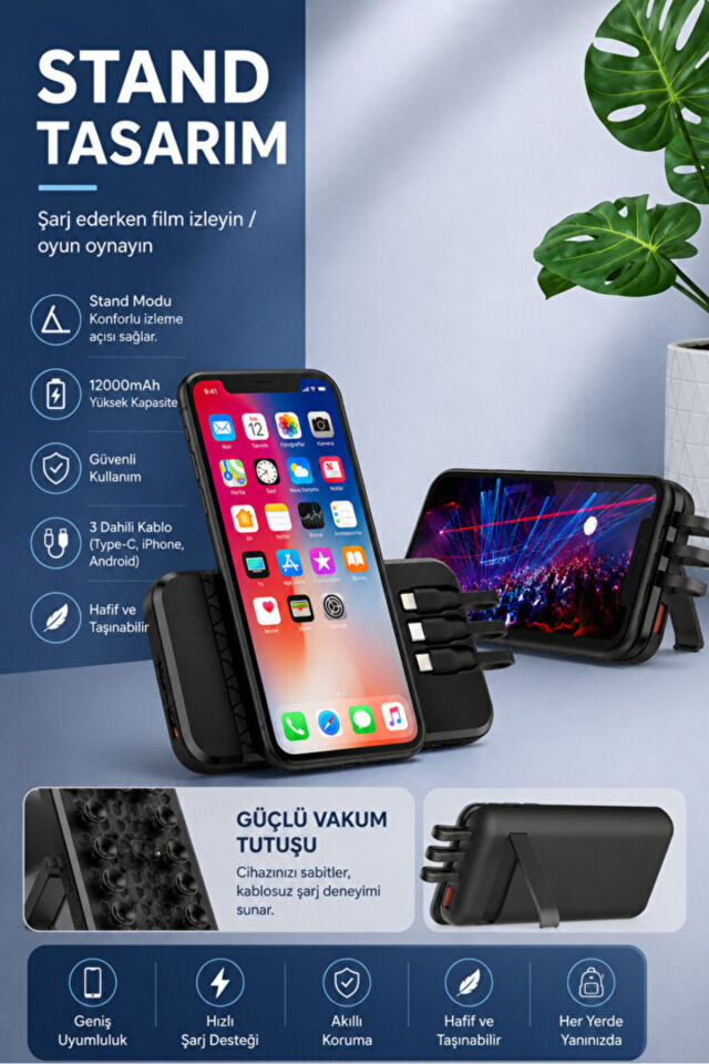 Powerbank 12.000 mah Wireless Standlı Magsafe li Vantuzlu Dahili Çoklu Kablo 4in1 Kablolu ve Kablosuz