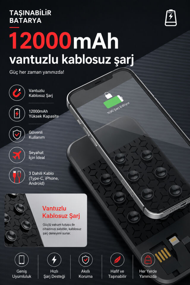 Powerbank 12.000 mah Wireless Standlı Magsafe li Vantuzlu Dahili Çoklu Kablo 4in1 Kablolu ve Kablosuz