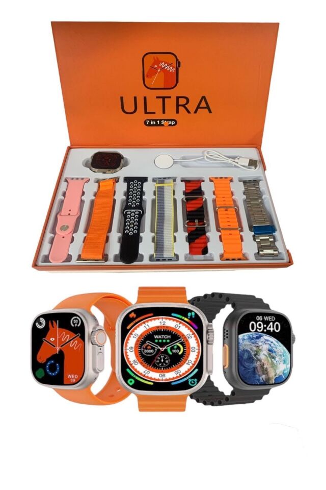 Smart Watch 8 Ultra 7in1 Hd Ekranlı Akıllı Saat 7 Kordonlu Takvim Spor Menülü Siri Özelikli