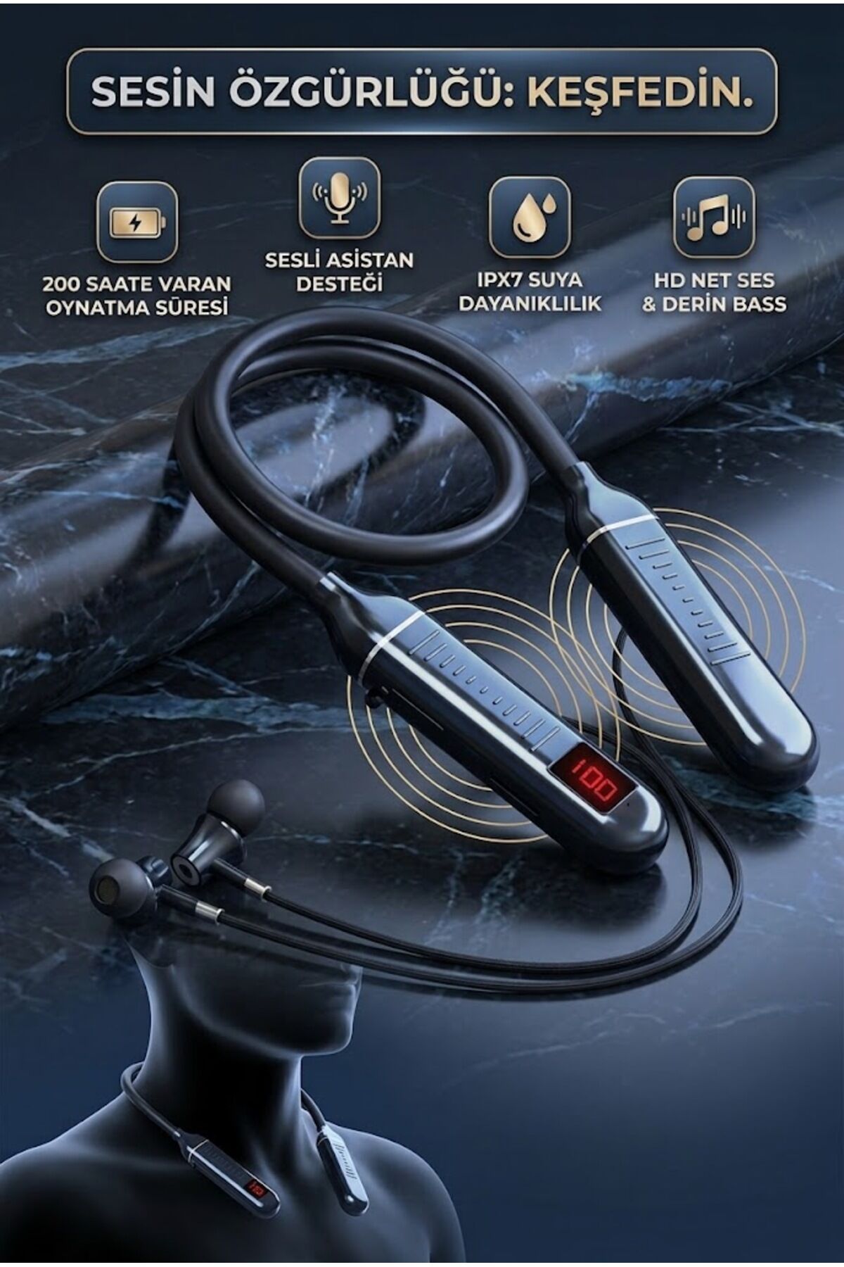 A15 Boyuna Asmalı Spor Bluetooth Kulaklık Şarj Göstergeli Sd Kart Girişi 200 saat müzik dinleme