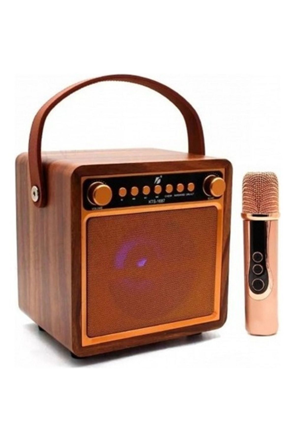 KTS-1687 Ahşaptan Ses Değiştirme Modlu Kablosuz Mikrofonlu Karaoke Seti Bluetooth Hoparlör sd usb