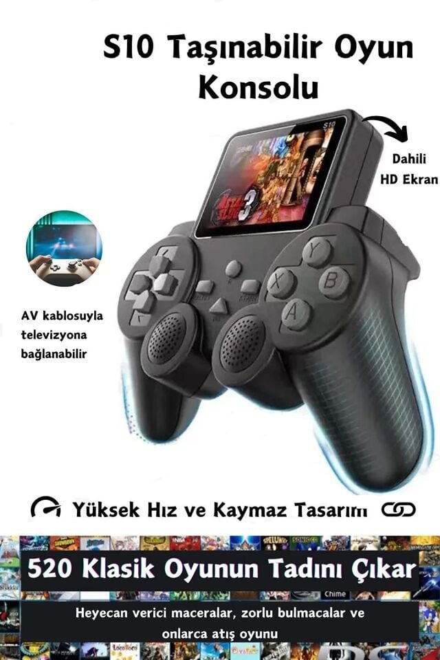 S10 Mini Çift Kolu Taşınabilir 520 Oyunlu Kablosuz Oyun Konsolu Atari Media Player Medya Oynatıcı