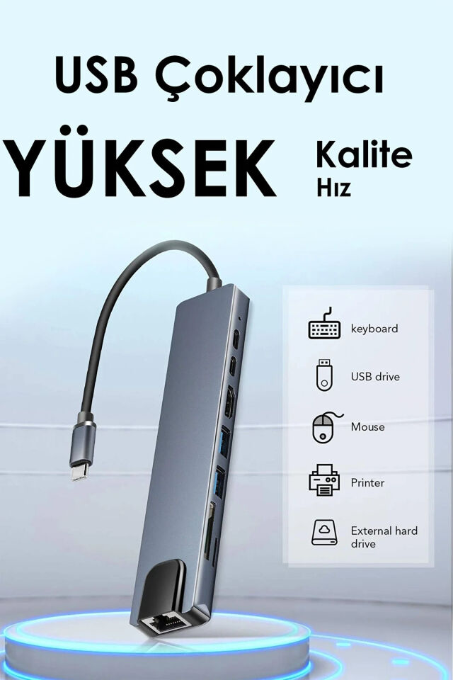 SB Çoklayıcı 8in1 Hub Type-C 4K Hdmı SD TF Kart Okuyucu Usb 3.0 Okuyucu Adaptör