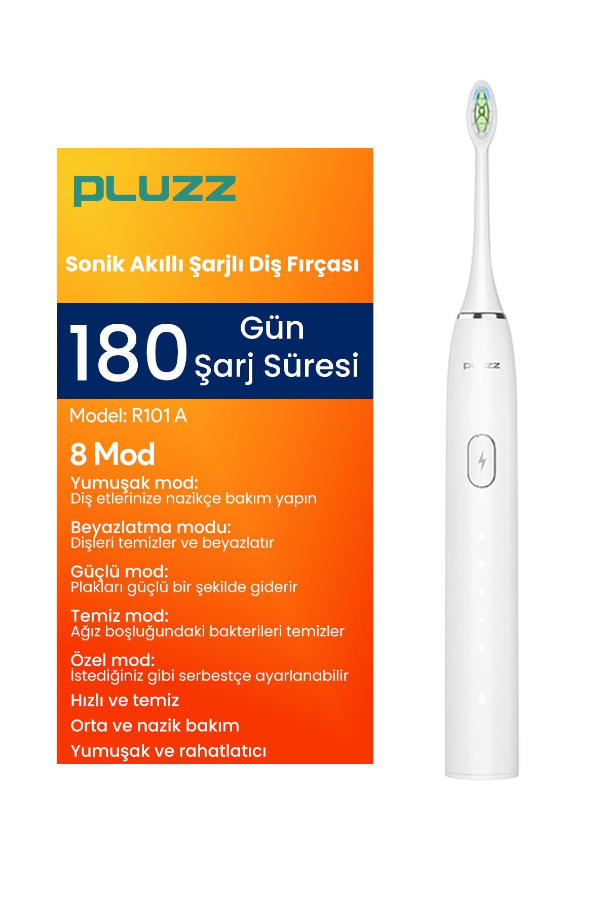 R101a Akıllı Sonik Şarjlı Diş Fırçası 180 Gün Şarj Süresi Beyaz