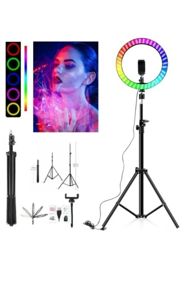 14 Inç 33 Cm Rgb Işık Ve 210 Cm Tripot Çok Renkli Makyaj Tiktok Selfie Işığı Selfie Çubuğu Tripod