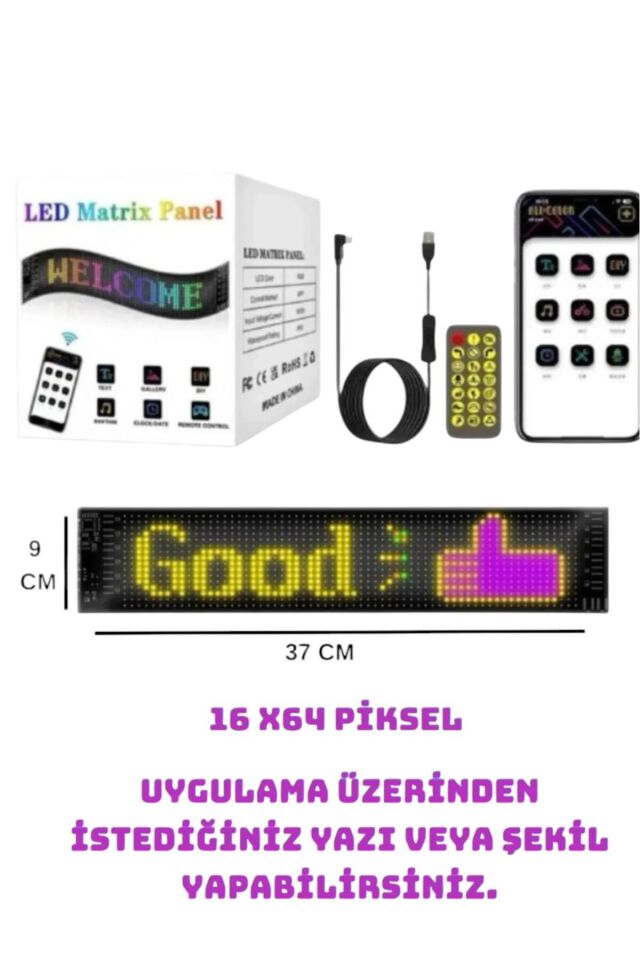Led Ekran Matrix Panel Cama Yapışan Büyük Boy 16x64 Telefon App Kontrol Digital Araba Yazısı Rgb