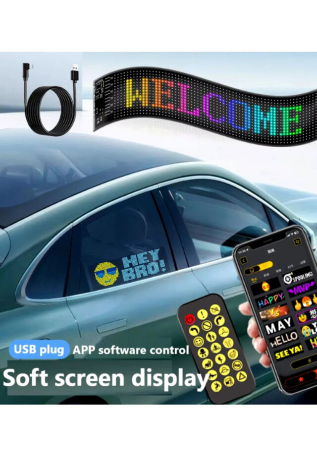 Led Ekran Matrix Panel Cama Yapışan Büyük Boy 16x64 Telefon App Kontrol Digital Araba Yazısı Rgb
