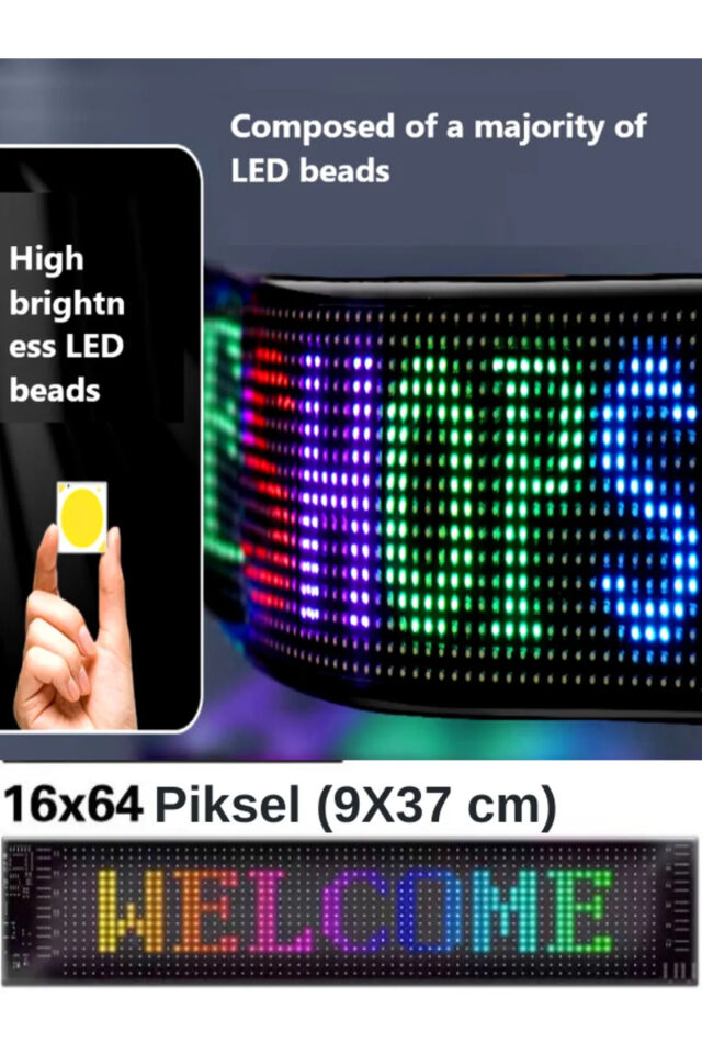 Led Ekran Matrix Panel Cama Yapışan Büyük Boy 16x64 Telefon App Kontrol Digital Araba Yazısı Rgb