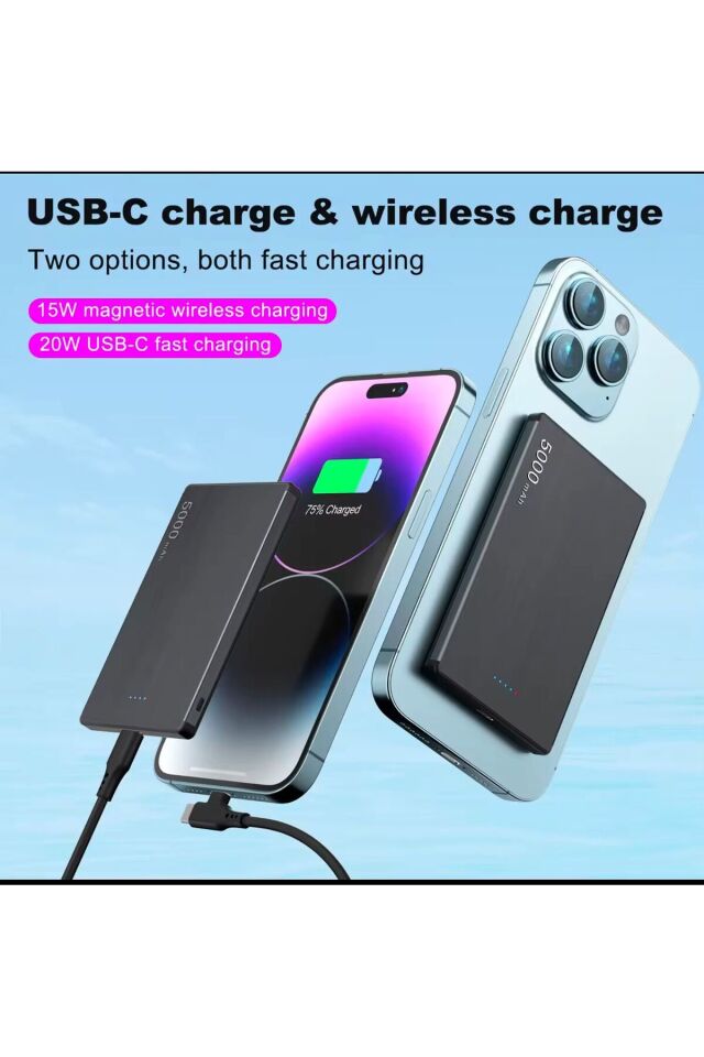 Manyetik Power Bank 5000 mAh, Kablosuz Şarj Cihazı 18 W Typc-E Çelik Kasa İnce ve Hızlı Şarj