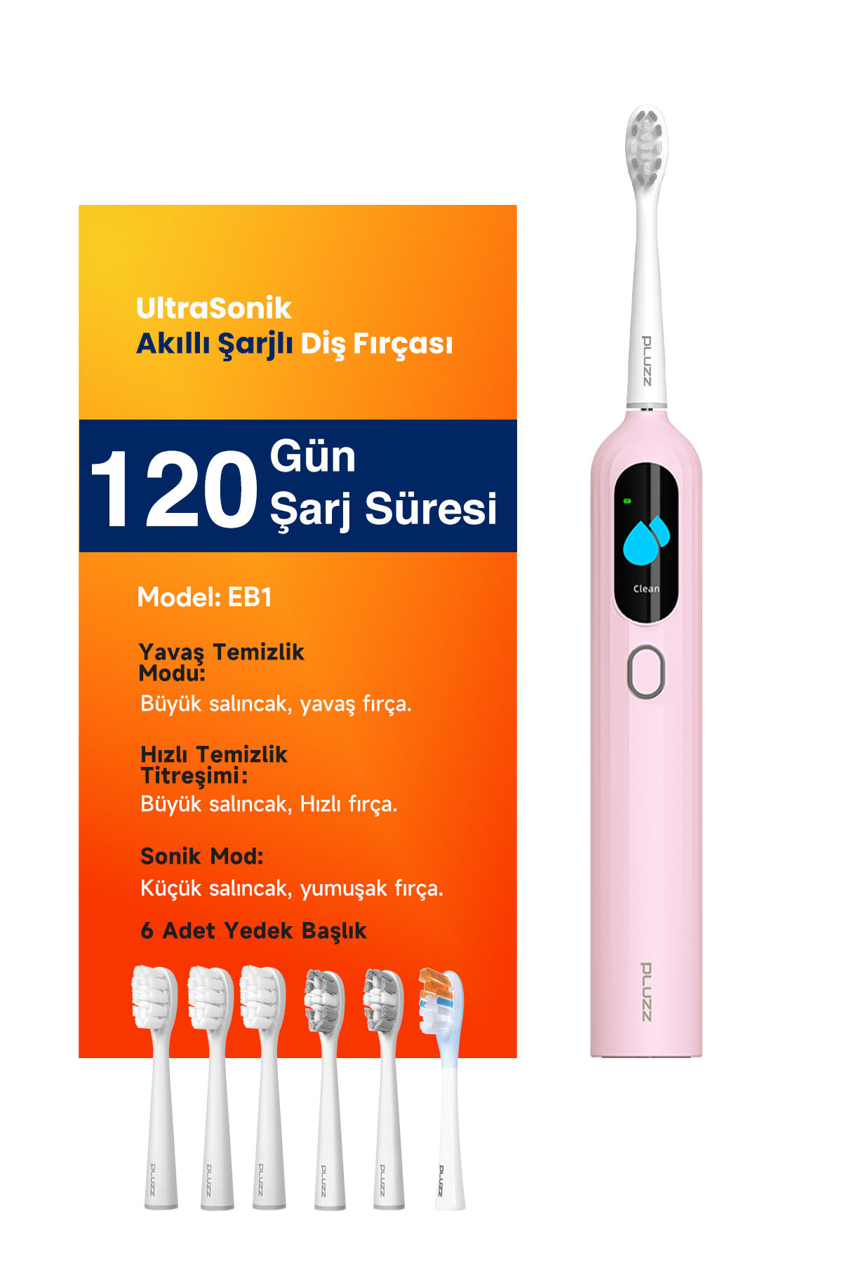 Sonik Şarjlı Diş Fırçası 120 Gün Şarj Süresi 6 Adet Başlık Pembe