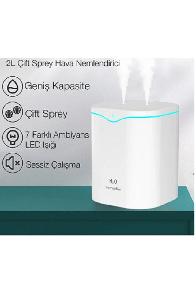 Çift Sprey LED Işıklı 2l Ultrasonik Hava Nemlendirici Buhar Makinası