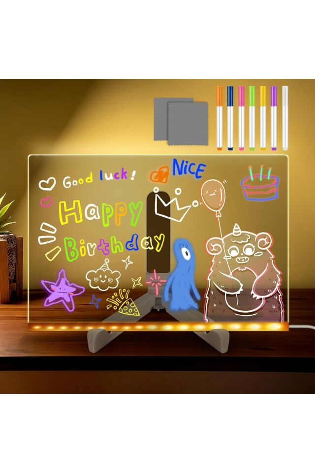 Led Işıklı Aydınlatmalı Not Tahtası Mesaj Panosu 30*20 Cm 6lı Neon Renk Kalem Çocuk Çizim Tableti