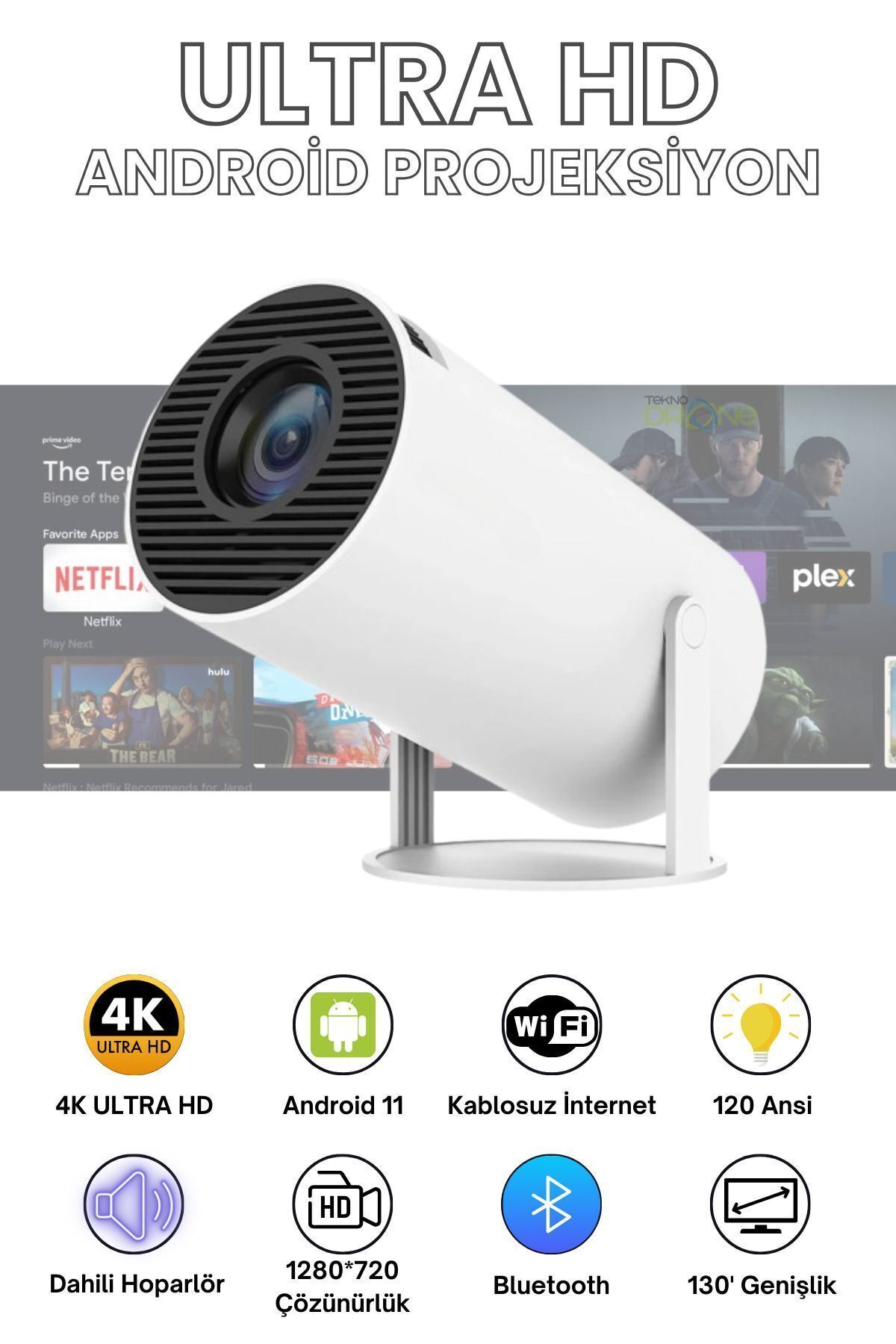 Tasinabilir Sinema Projektörü 1280 * 720P Ev Sinemasi Bluetooth Android 11 Akilli Projeksiyon Wif