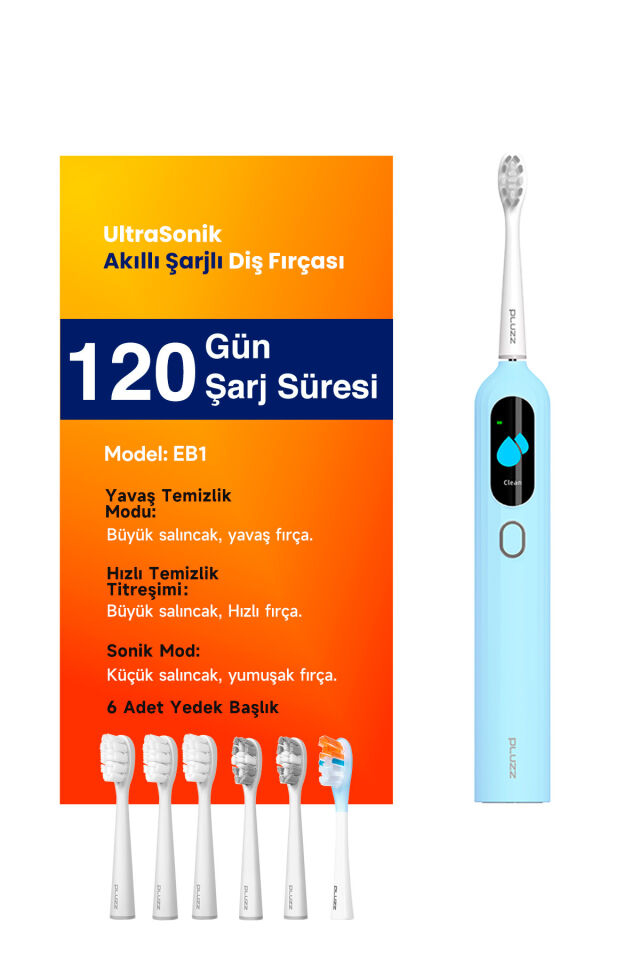 Sonik Şarjlı Diş Fırçası 120 Gün Şarj Süresi 6 Adet Başlık Açık Mavi