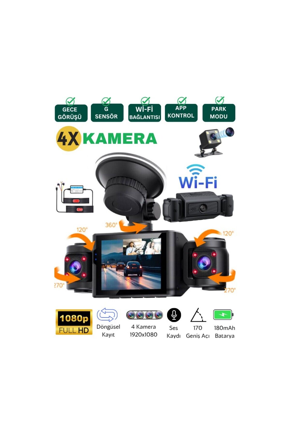 CC40 Wifi Full Hd Türkçe 4 Kameralı Araç Içi Güvenlik Kamerası Park Modu Gece Görüşlü Dashcam