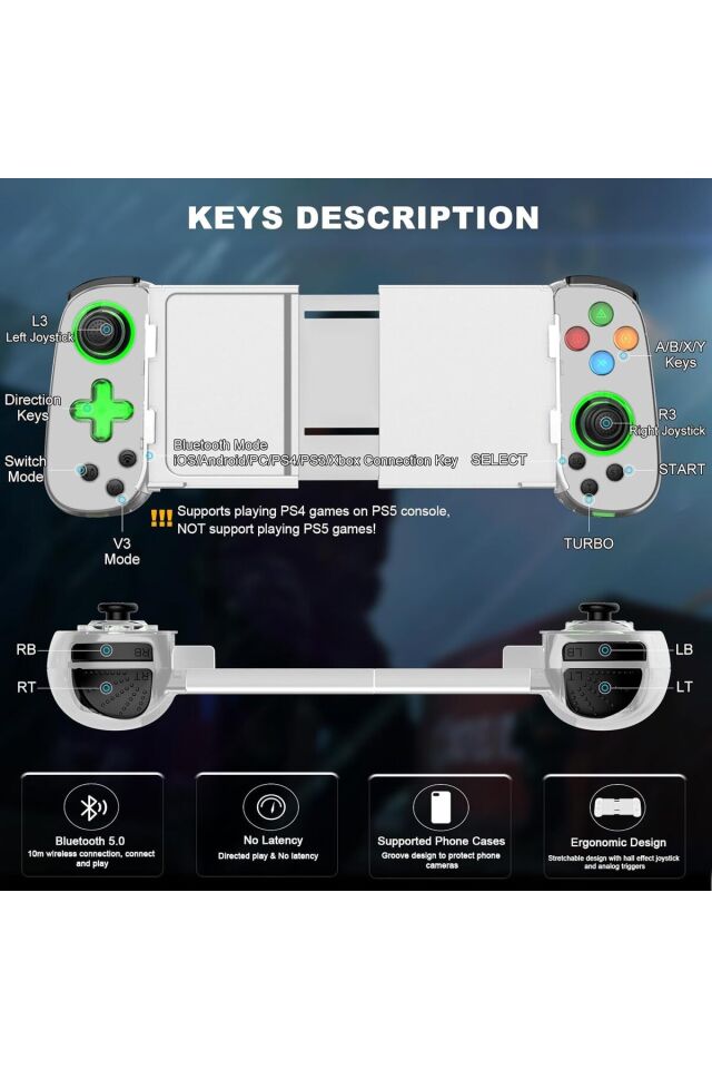 D7 Teleskopik RGB Cep Telefonu Gamepad Bluetooth Uyumlu 5.0 Android Ios Ps4 Için Kablosuz Konsol
