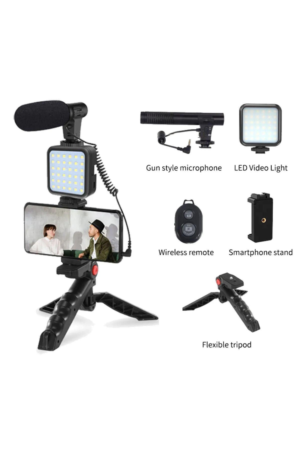 Profesyonel Vlogging Seti Video Kiti Tripod Mikrofon Led Işık Telefon Tutucu Kumandalı Satış