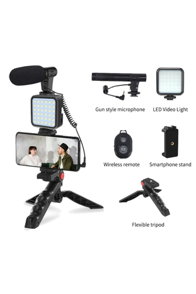 Profesyonel Vlogging Seti Video Kiti Tripod Mikrofon Led Işık Telefon Tutucu Kumandalı Satış