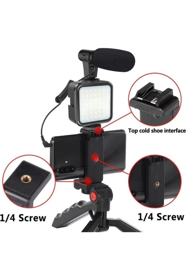 Profesyonel Vlogging Seti Video Kiti Tripod Mikrofon Led Işık Telefon Tutucu Kumandalı Satış