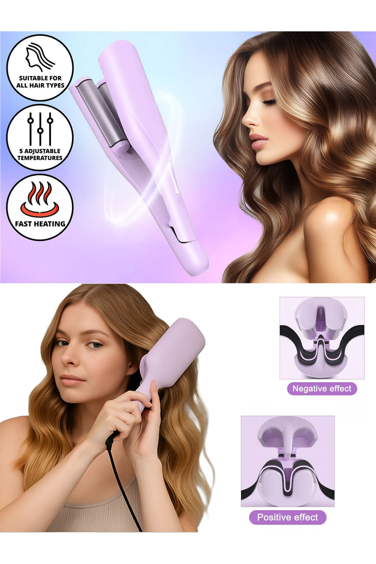 Curlylife TB 2053 Led Göstergeli Seramik Su Dalgası WAG Saç Maşası Mor