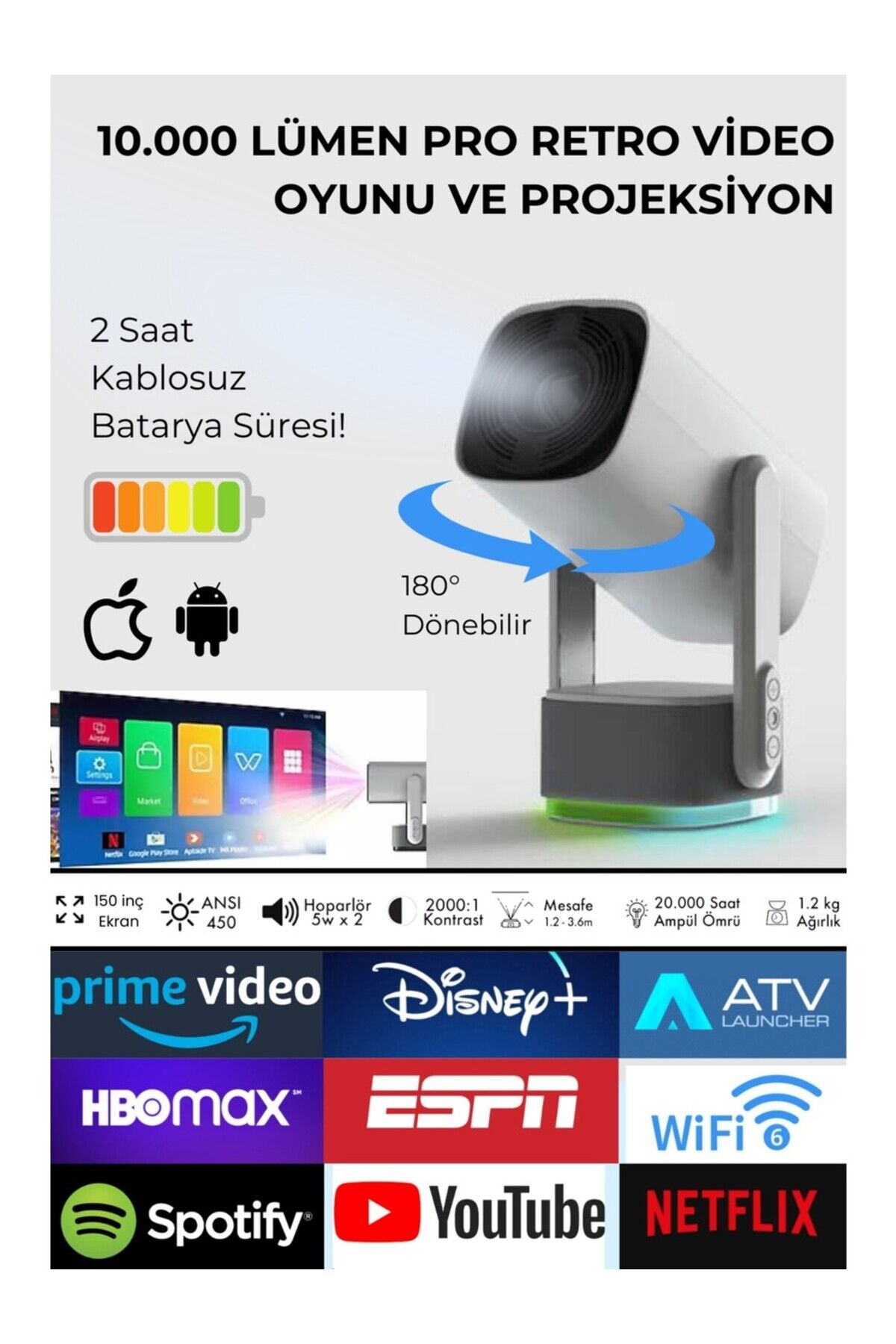 Taşınabilir Projeksiyon Ps5 x Box Bağlantılı Oyun Sinema Projektör Full Hd 4K Android Şarjlı