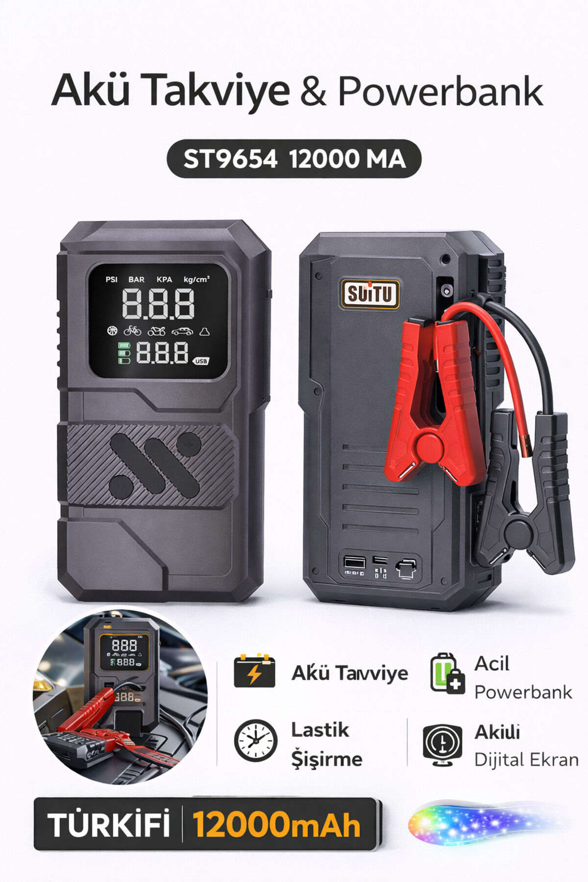 Akü Takviye Cihazı 4'ü 1 Arada Powerbank, Hava Kompresörü, LCD Ekran, 12000MAH 150PSI