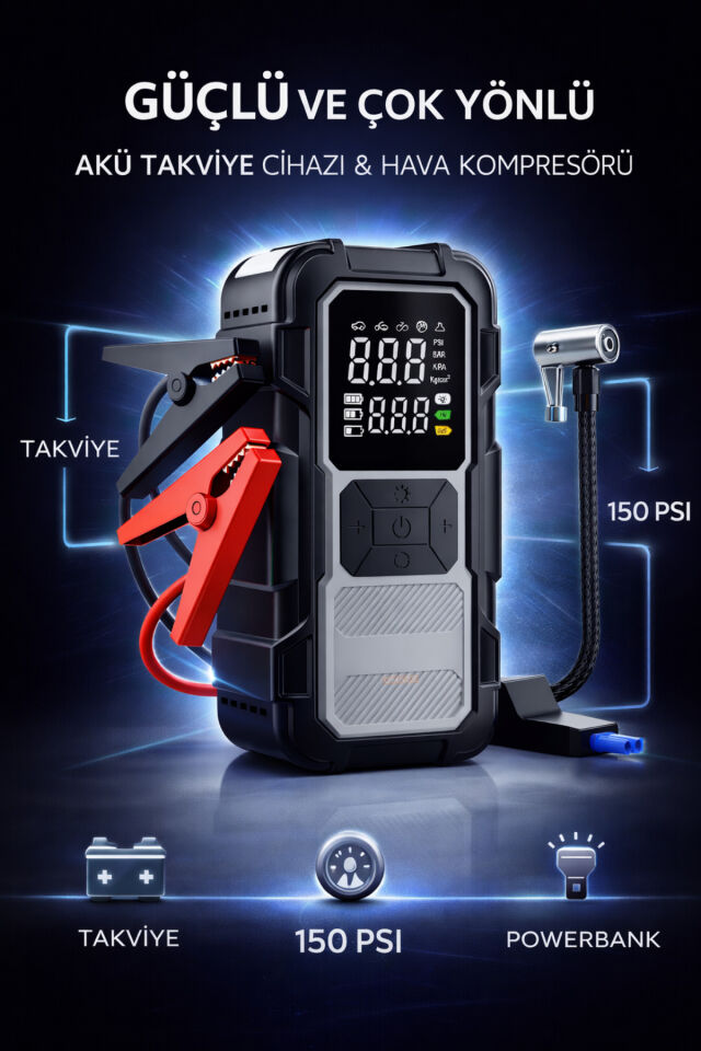 4 in 1 1200mah Akü Takviye - Yüksek Güç - Lastik Şişirme Pompası - Powerbank - Led Işıklı - Dijital Gösterge