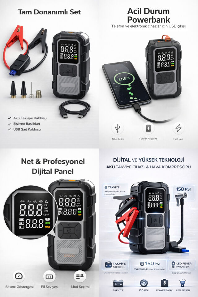 4 in 1 1200mah Akü Takviye - Yüksek Güç - Lastik Şişirme Pompası - Powerbank - Led Işıklı - Dijital Gösterge