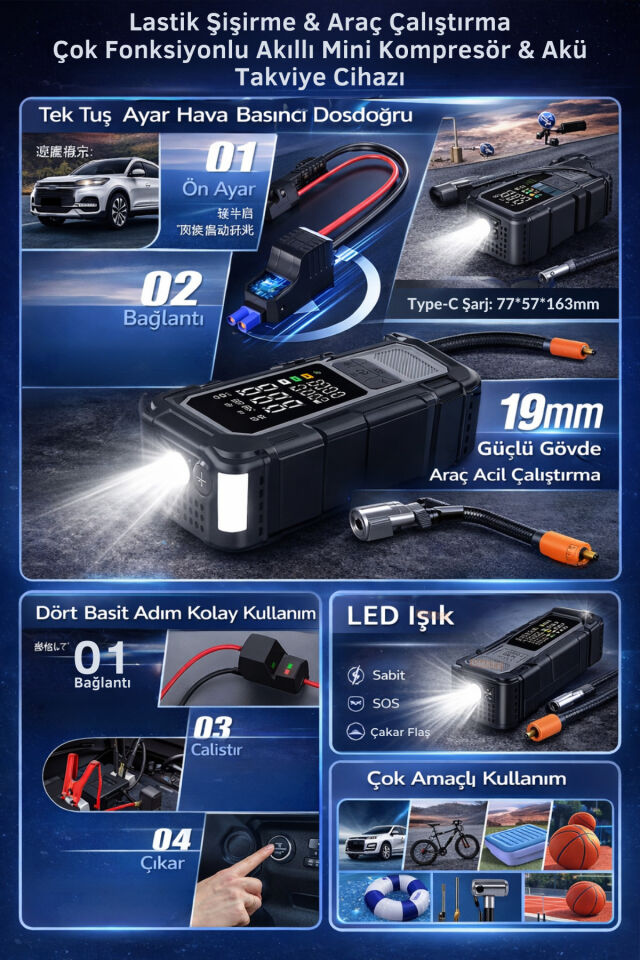 4 in 1 1200mah Akü Takviye - Yüksek Güç - Lastik Şişirme Pompası - Powerbank - Led Işıklı - Dijital Gösterge