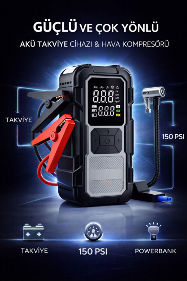 4 in 1 1200mah Akü Takviye - Yüksek Güç - Lastik Şişirme Pompası - Powerbank - Led Işıklı - Dijital Gösterge
