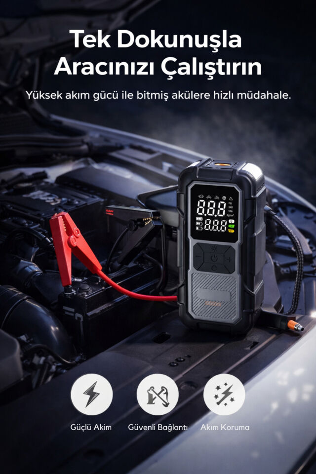 4 in 1 1200mah Akü Takviye - Yüksek Güç - Lastik Şişirme Pompası - Powerbank - Led Işıklı - Dijital Gösterge