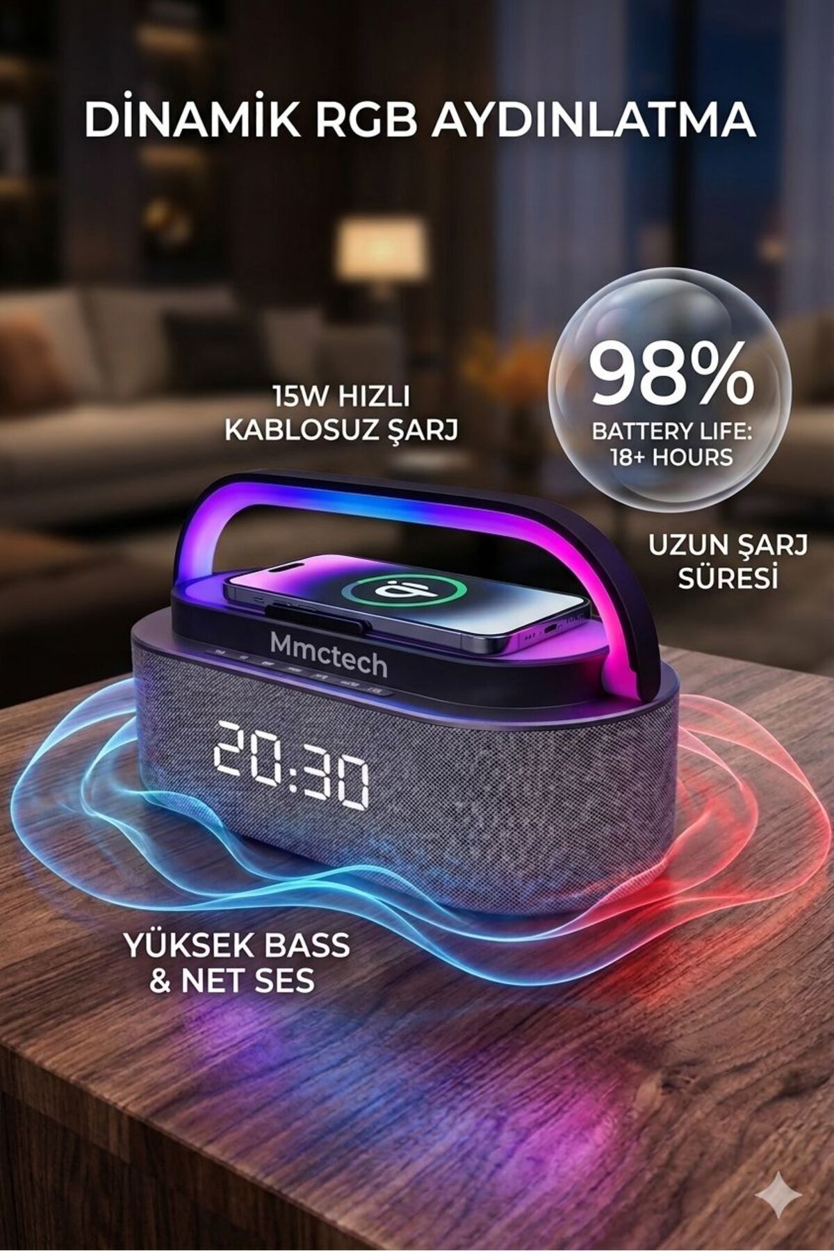 Dijital Saat Göstergeli Kablosuz Şarj Özellkli RGB Bluetooth Speaker Hoparlör Çalar Saat