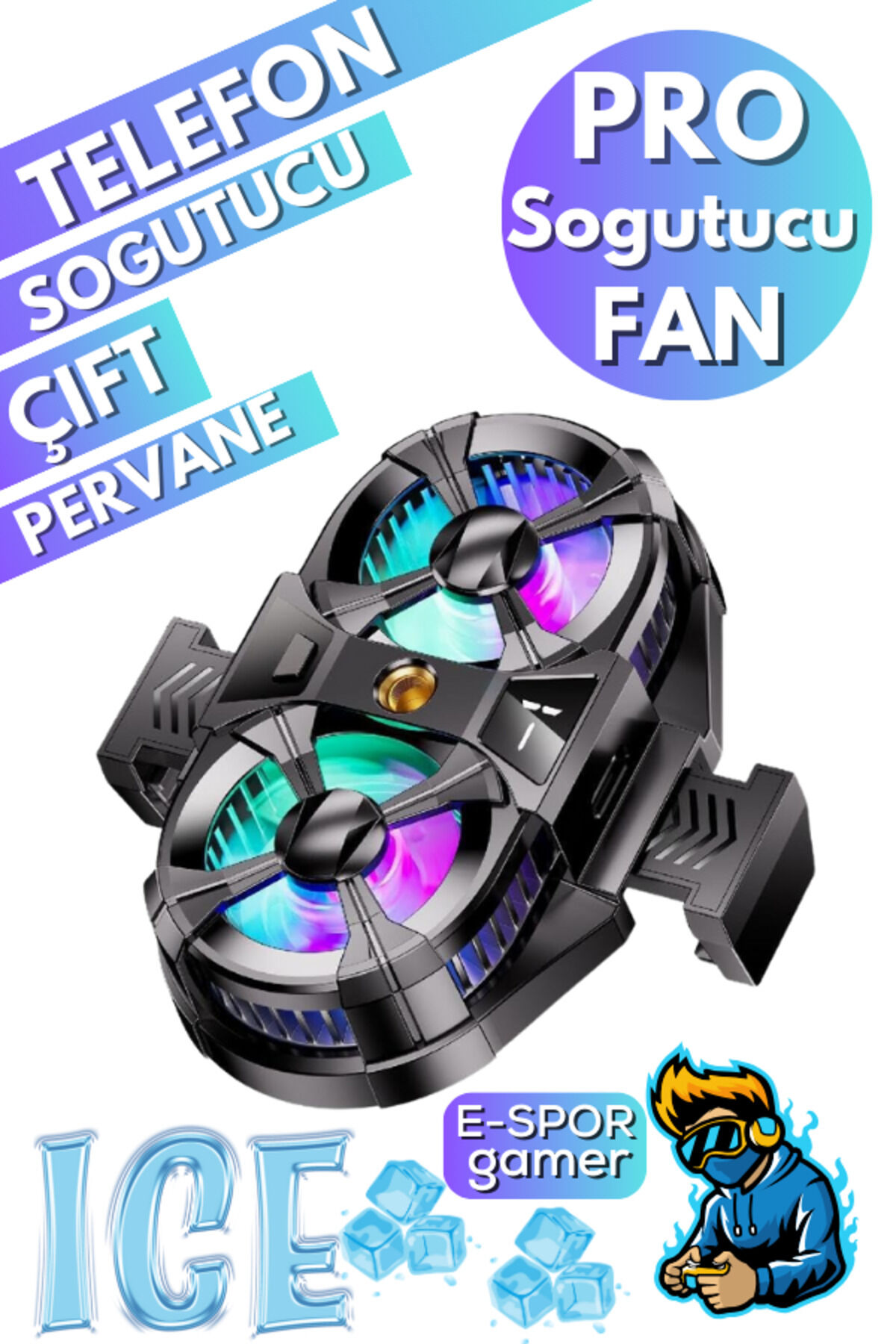 Telefon Soğutucu Fan Çift Pervaneli 3 kademeli RGB Göstergeli Bütün Telefon Modelleri İle Uyumlu