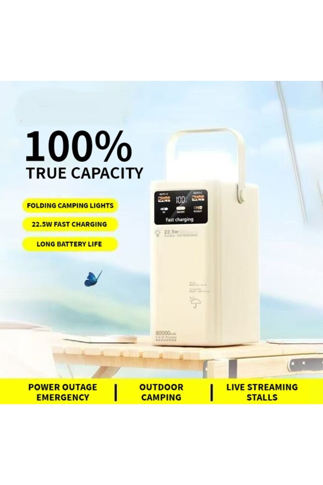 80.000 mAh 22,5W/PD Hızlı Şarj Kendinden Kablolu ve Şarj Göstergeli Işıklı Taşınabilir Powerbank