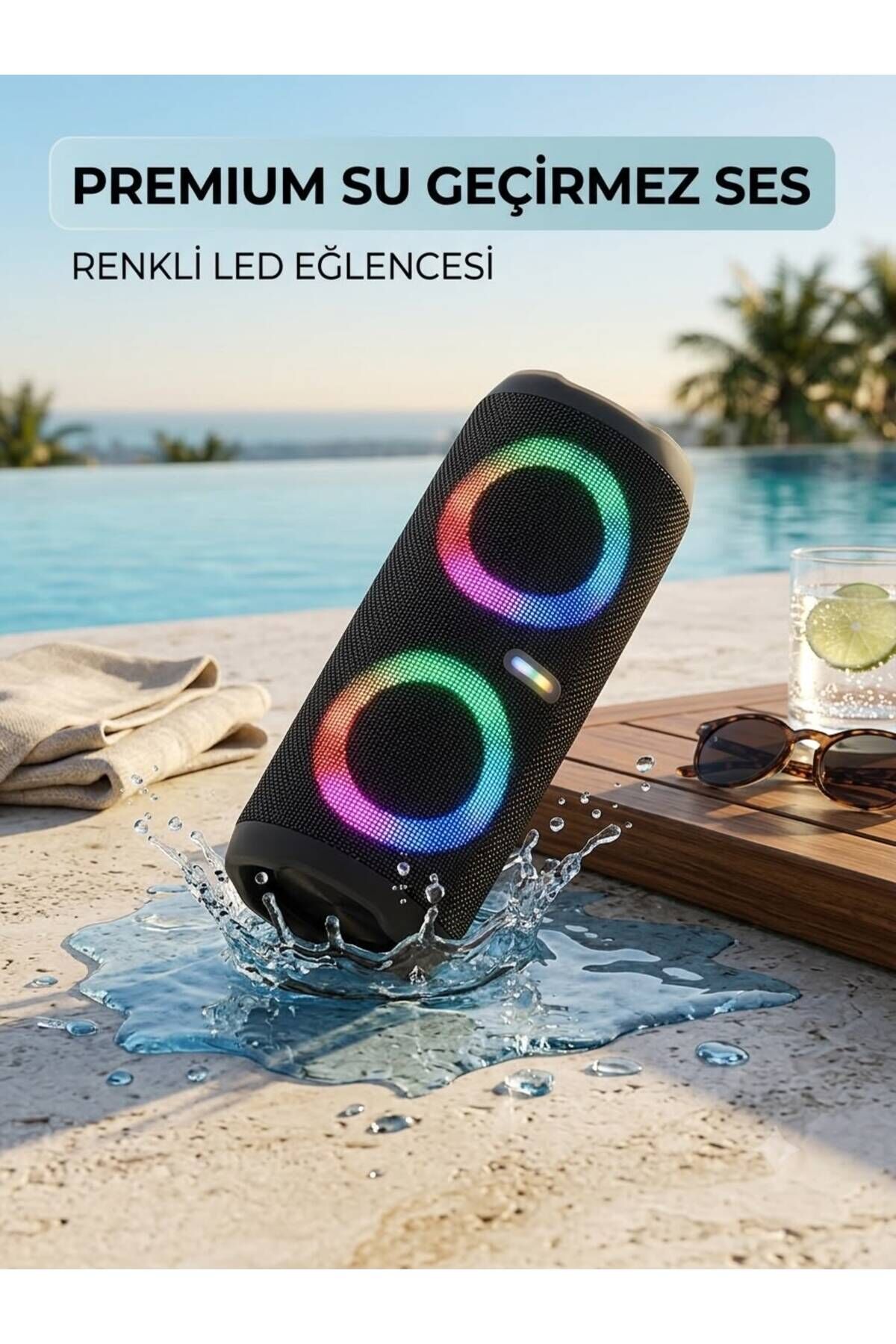 RGB Led Işıklı Suya Dayanıklı Yükses Kaliteli Radyo Usb Aux Sd Kart Girişli Bluetooth 30cm Hoparlör Süper Bass