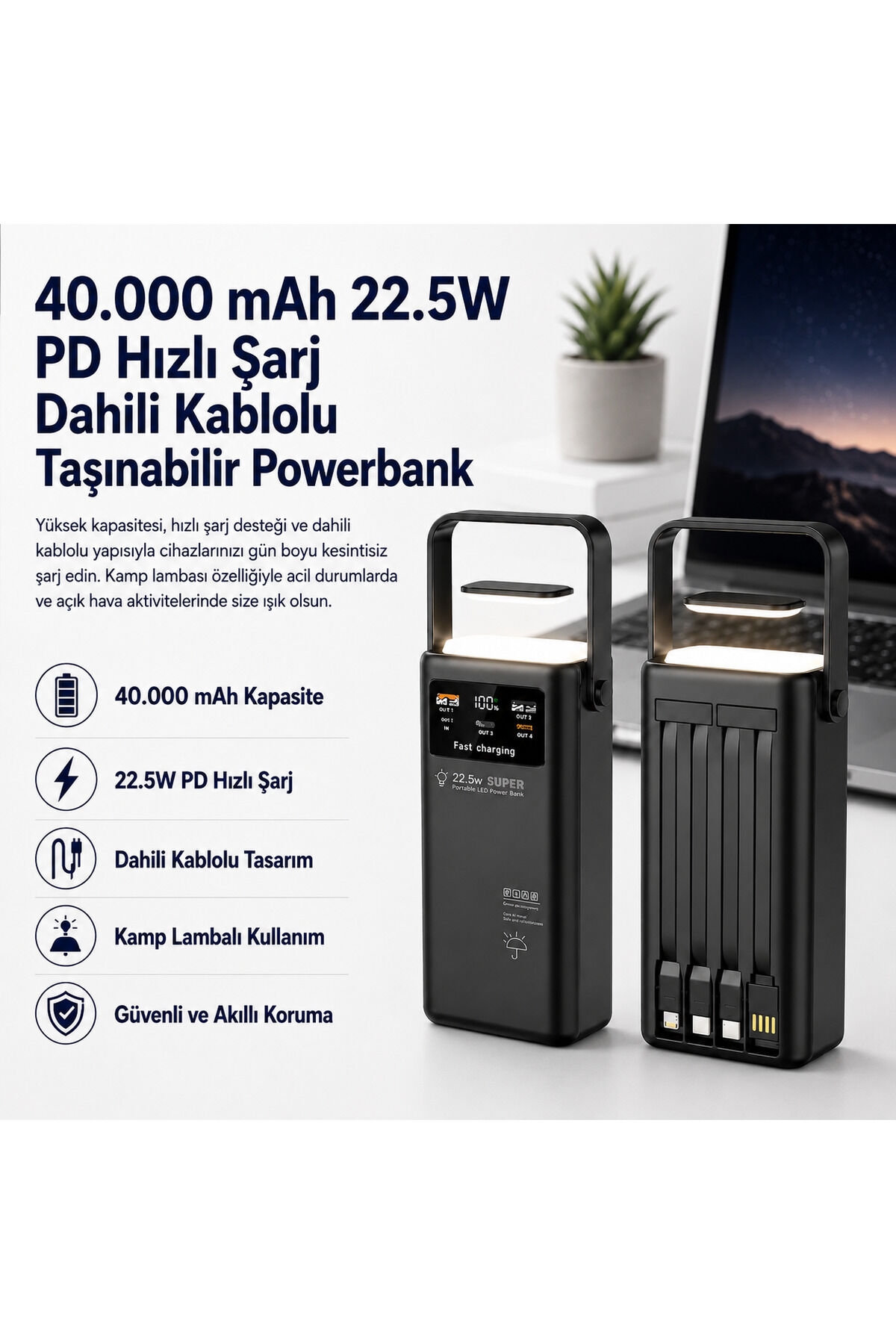 Hızlı Şarjlı Powerbank 40.000MAH 22.5W Dahili Kablolu 2x USB Outdoor Taşınabilir Işıklı
