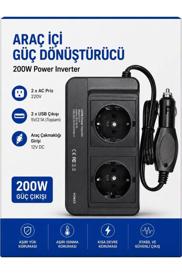 200 Watt 12-220V Çakmak Çevirici Modified Sinus Inverter Çevirici Superbox-pc